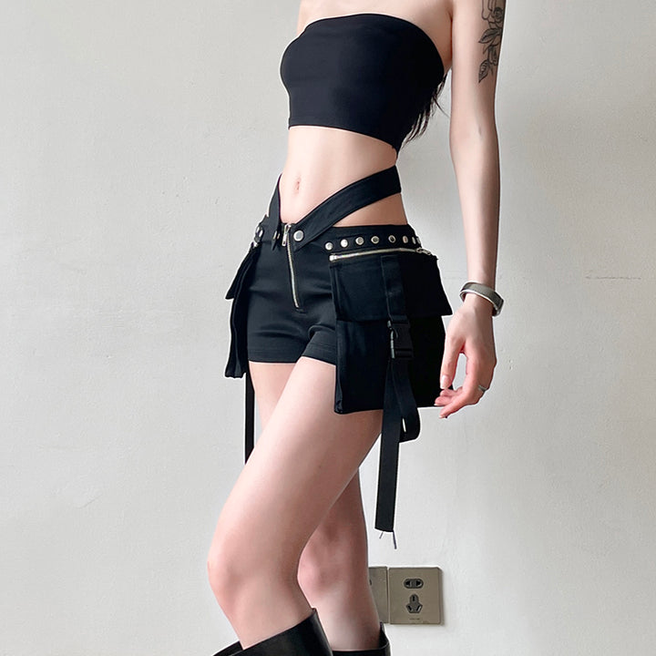 Y2K Strappy High-Waist Utility Shorts with Side Pockets - Vedlit