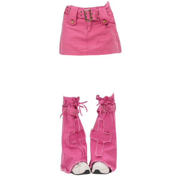 Pink Y2K Mini Skirt & Leg Warmers Set - Vedlit