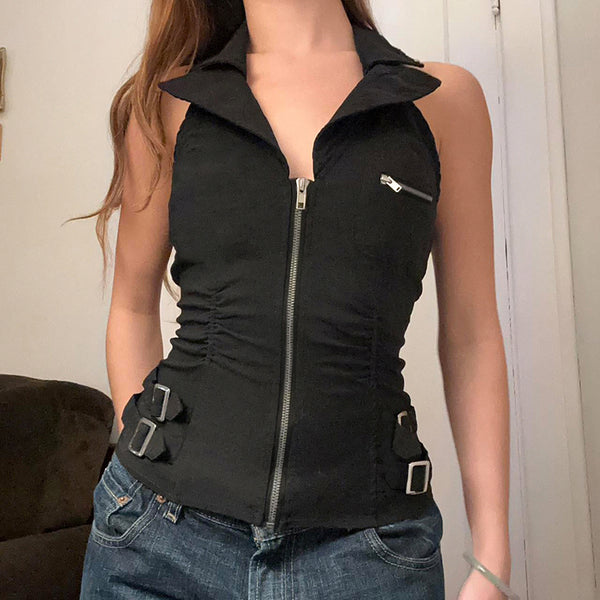 Y2K Zip-Up Sleeveless Crop Top with Buckle Detail - Vedlit