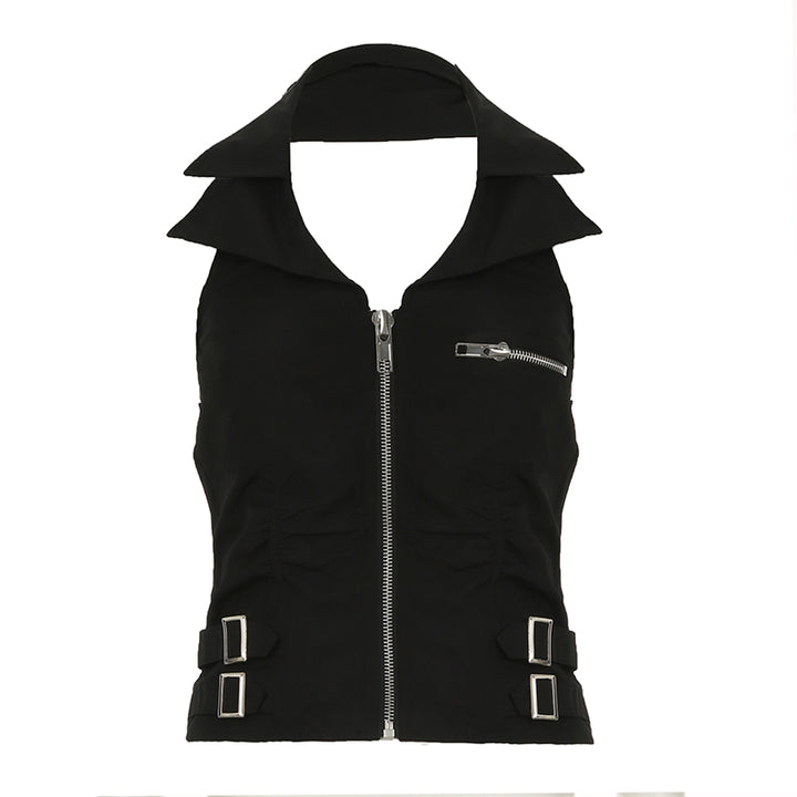 Y2K Zip-Up Sleeveless Crop Top with Buckle Detail - Vedlit
