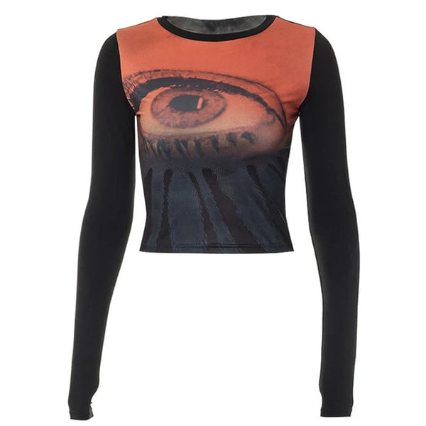 Y2K Aesthetic Eye Print Mesh Top - Vedlit