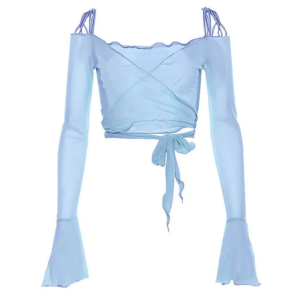 Y2K Aesthetic Flare Sleeves Mesh Top - Vedlit