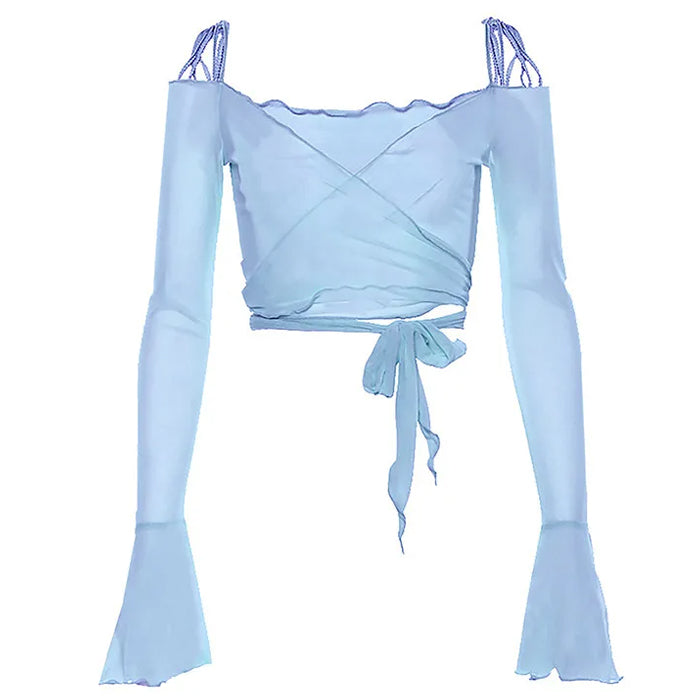Y2K Aesthetic Flare Sleeves Mesh Top - Vedlit