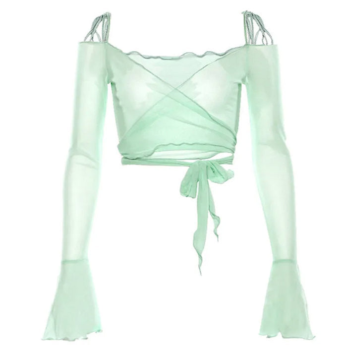 Y2K Aesthetic Flare Sleeves Mesh Top - Vedlit