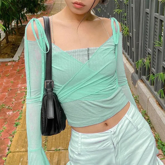 Y2K Aesthetic Flare Sleeves Mesh Top - Vedlit