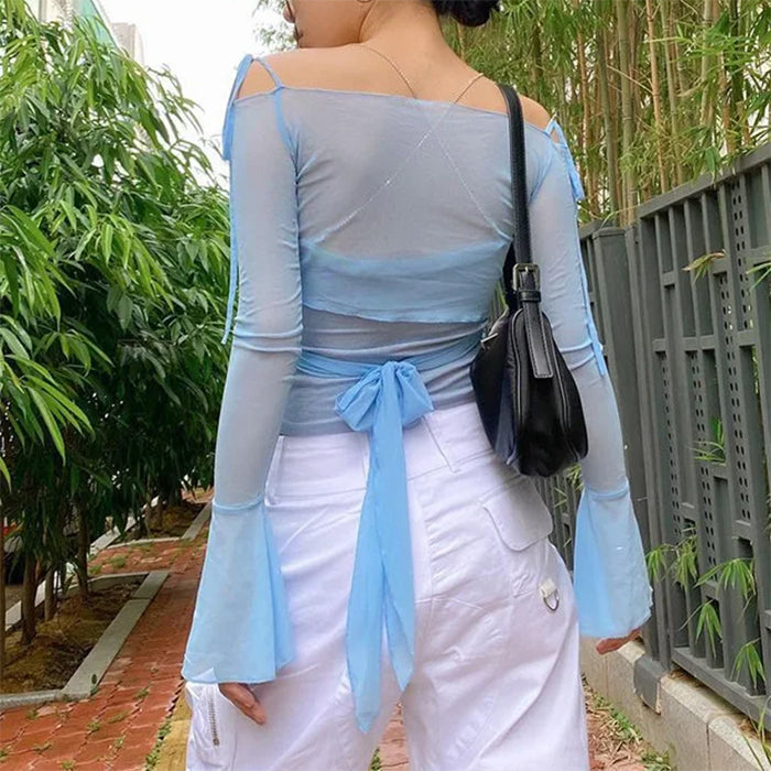 Y2K Aesthetic Flare Sleeves Mesh Top - Vedlit