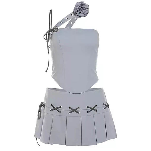 Y2K Asymmetrical Top & Pleated Mini Skirt Co-Ord - Vedlit