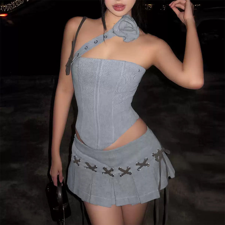 Y2K Asymmetrical Top & Pleated Mini Skirt Co-Ord - Vedlit