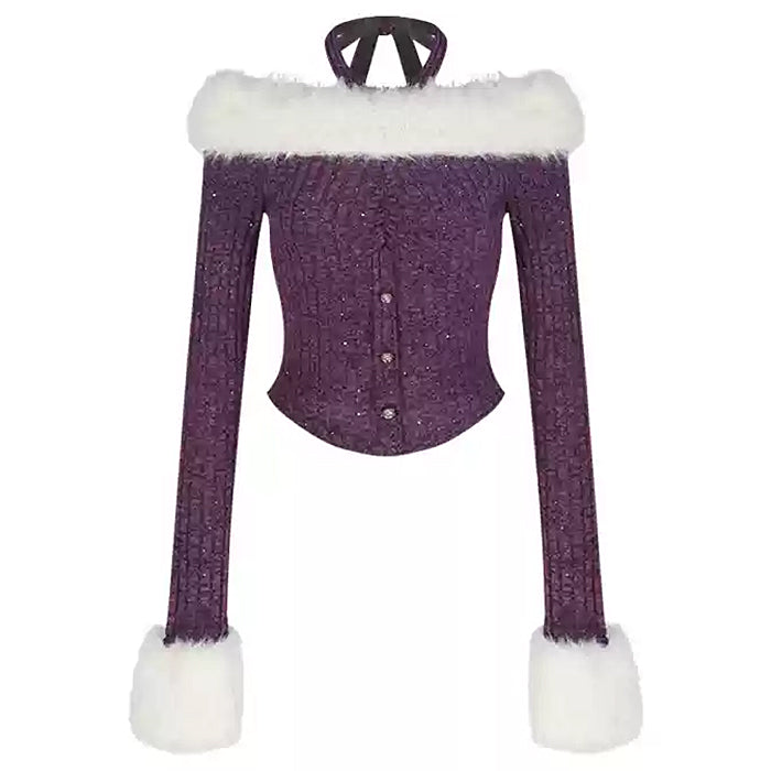 Y2K Fuzzy Off Shoulder Knit Top - Vedlit