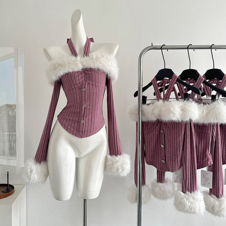 Y2K Fuzzy Off Shoulder Knit Top - Vedlit