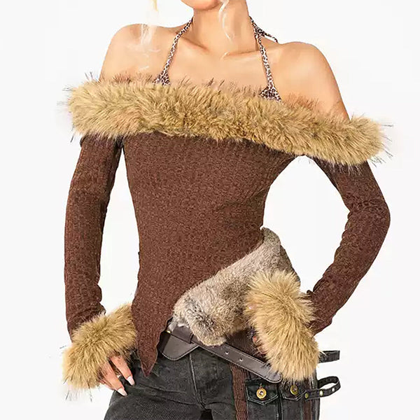 Y2K Fuzzy Off-Shoulder Top - Vedlit