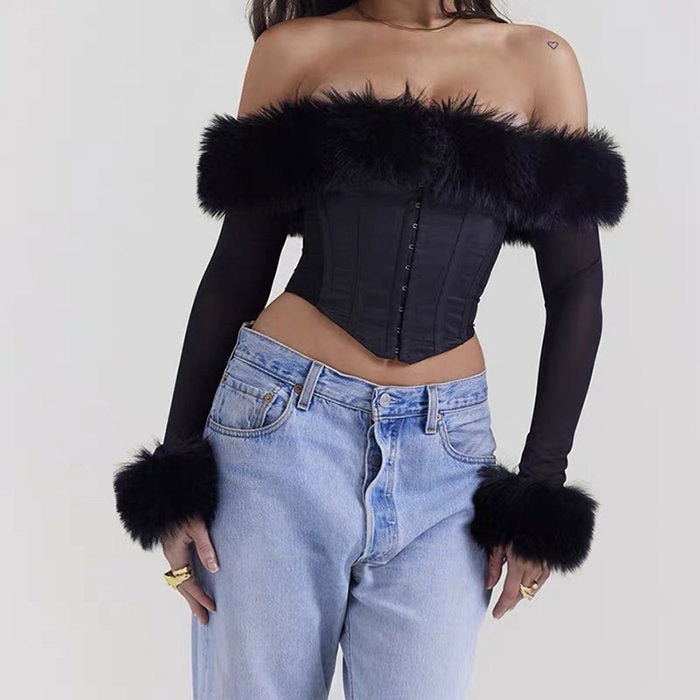 Y2K Fuzzy Off Shoulder Top - Vedlit