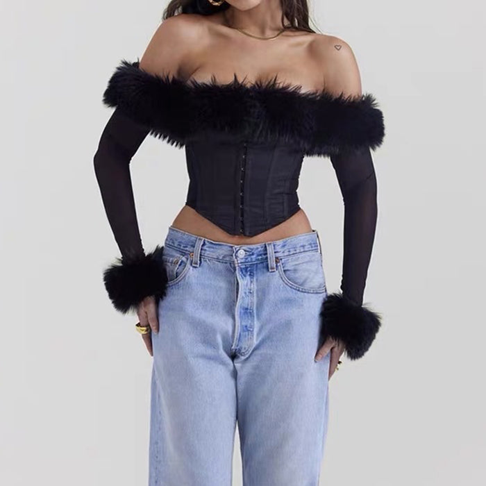 Y2K Fuzzy Off Shoulder Top - Vedlit
