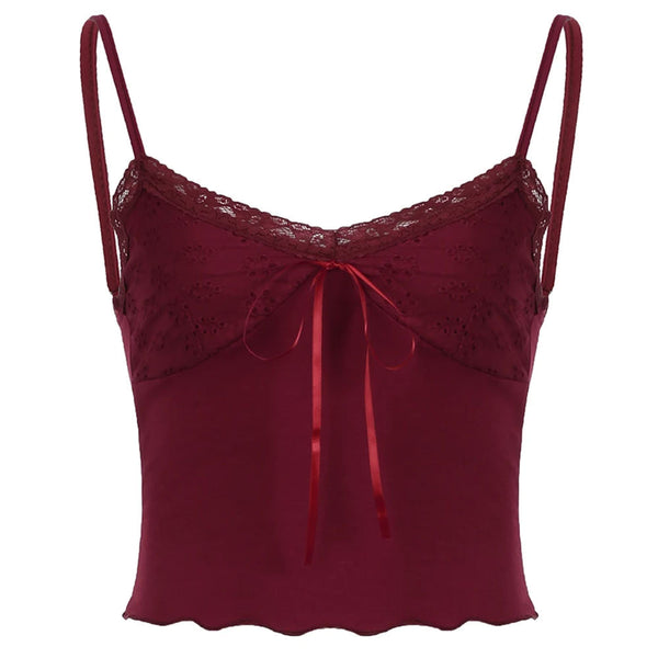 Y2K Red Bow Tie Lace Top - Vedlit