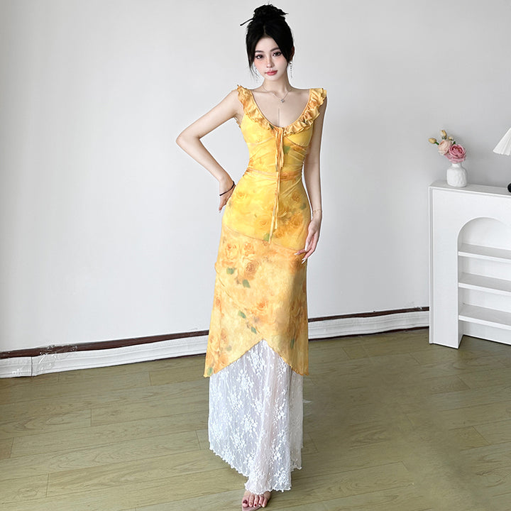 Yellow Floral Lace Hem Maxi Dress with Ruffle Straps - Vedlit