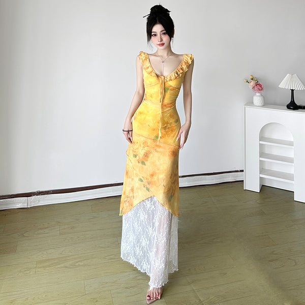 Yellow Floral Lace Hem Maxi Dress with Ruffle Straps - Vedlit