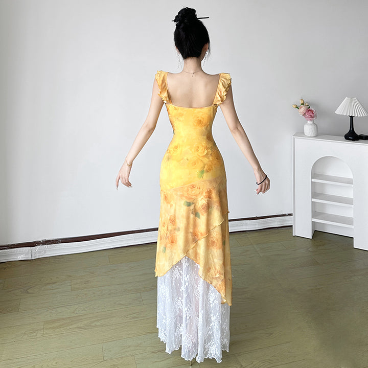 Yellow Floral Lace Hem Maxi Dress with Ruffle Straps - Vedlit