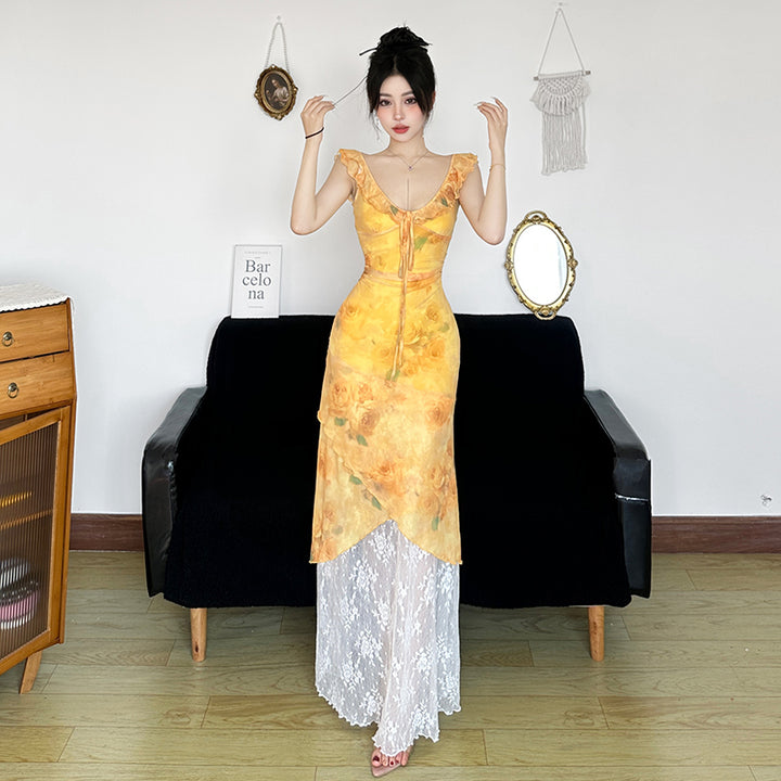 Yellow Floral Lace Hem Maxi Dress with Ruffle Straps - Vedlit