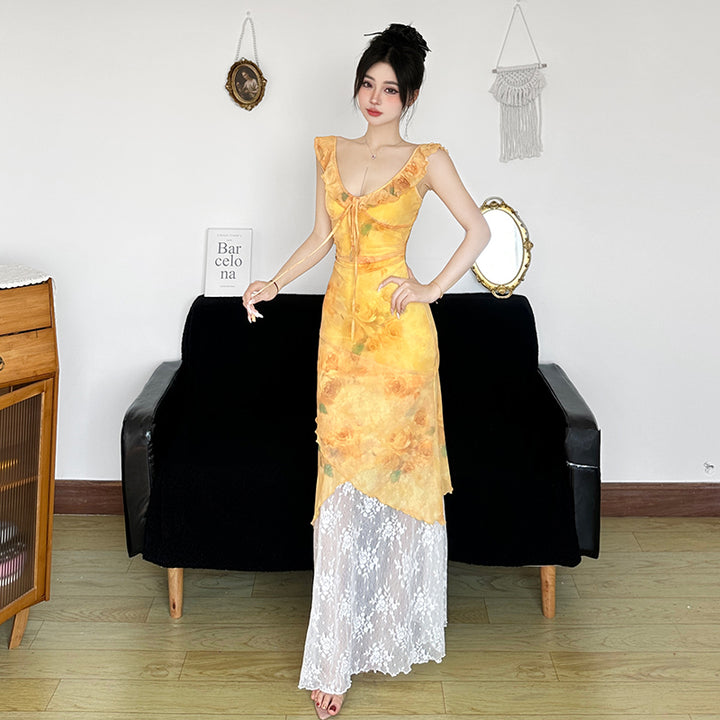 Yellow Floral Lace Hem Maxi Dress with Ruffle Straps - Vedlit