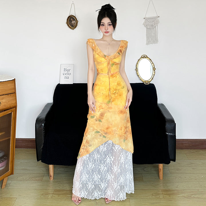 Yellow Floral Lace Hem Maxi Dress with Ruffle Straps - Vedlit