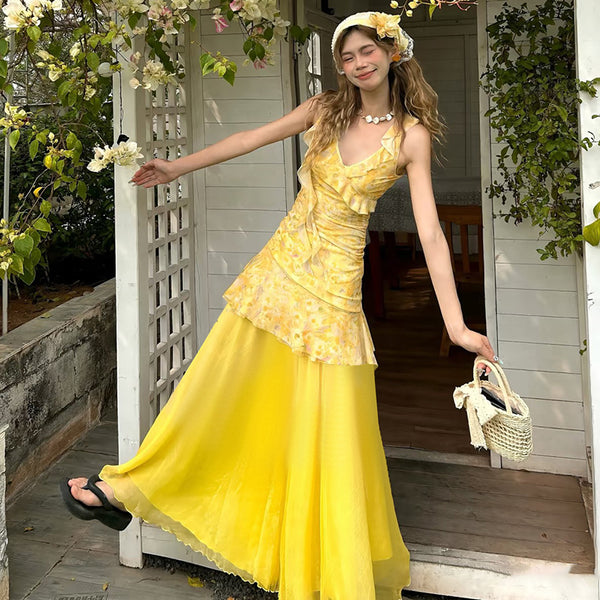 Yellow Floral Mesh Two-Piece Ruffle Maxi Dress Set
