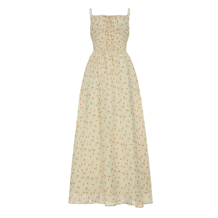 Yellow Floral Smocked Maxi Dress with Spaghetti Straps - Vedlit