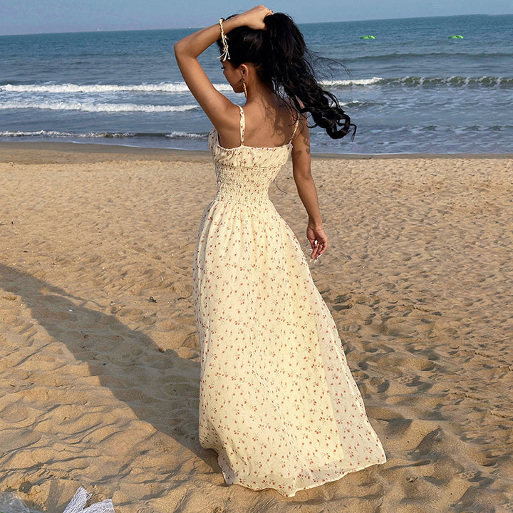 Yellow Floral Smocked Maxi Dress with Spaghetti Straps - Vedlit