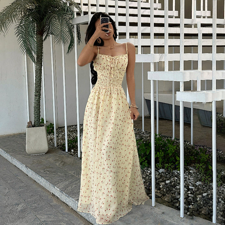 Yellow Floral Smocked Maxi Dress with Spaghetti Straps - Vedlit