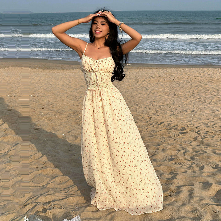 Yellow Floral Smocked Maxi Dress with Spaghetti Straps - Vedlit