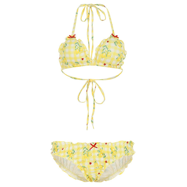Yellow Gingham Lemon Print Ruffle Bikini Set - Vedlit
