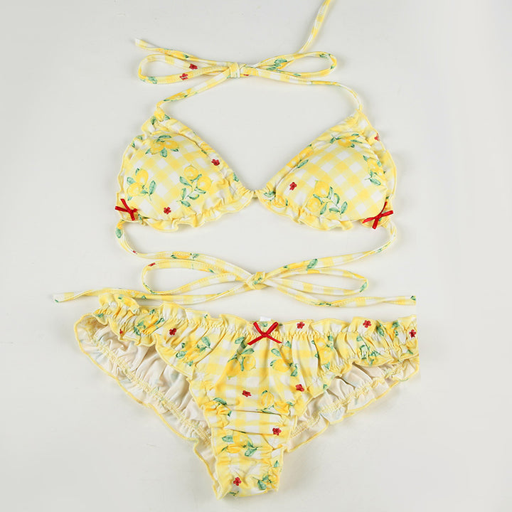 Yellow Gingham Lemon Print Ruffle Bikini Set - Vedlit