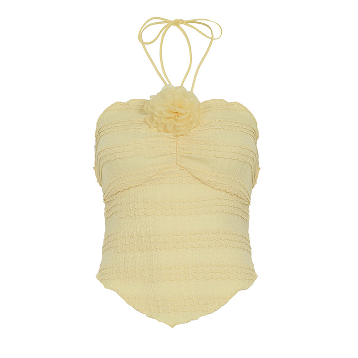 Yellow Halter Flower Smocked Top with Handkerchief Hem - Vedlit