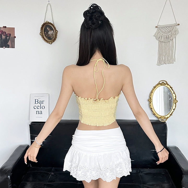 Yellow Halter Flower Smocked Top with Handkerchief Hem - Vedlit
