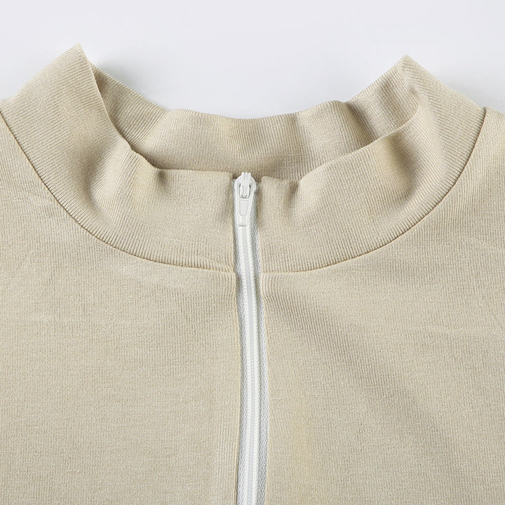 Zip Front Ribbed Crop Top with Mock Neck in Beige - Vedlit