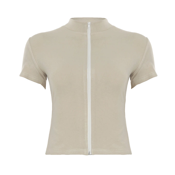 Zip Front Ribbed Crop Top with Mock Neck in Beige - Vedlit